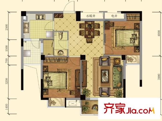 康華?心海灣1#2#3#中間戶D1戶型 2室2廳1衛(wèi)1廚