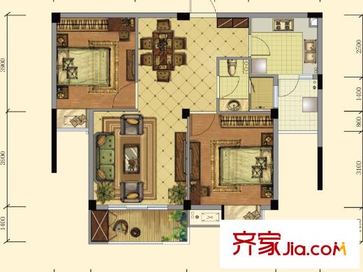 康華?心海灣D3戶型 2室2廳1衛(wèi)1廚