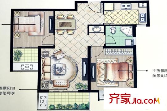 綠地高鐵東城18#20#22#1單元02室中間戶戶型 2室2廳1衛(wèi)1廚
