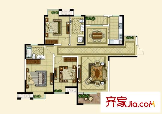 楓林天下二期19#樓邊戶E戶型 3室2廳2衛(wèi)1廚