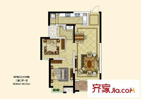 楓林天下二期12#、13#樓中間戶B戶型 2室2廳1衛(wèi)1廚