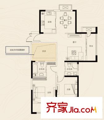 開(kāi)元翡翠灣1#、2#西戶K戶型 2室2廳2衛(wèi)