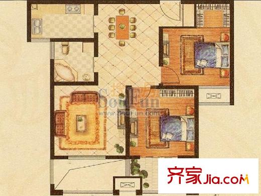 華府天地1#2#中間戶B戶型 2室2廳1衛(wèi)1廚