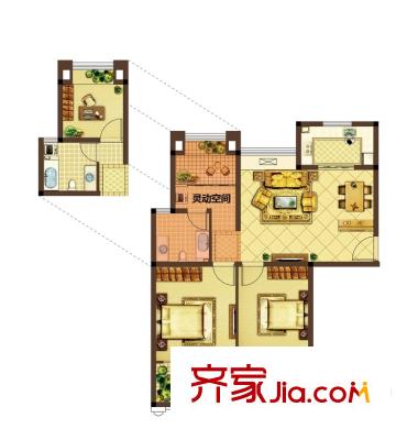 美好匯鄰灣一期F戶型 3室2廳1衛(wèi)1廚