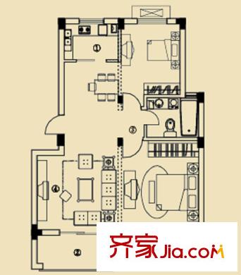 開(kāi)元四季戶(hù)型圖三期開(kāi)元云龍谷A1戶(hù)型 2室2廳1衛(wèi)1廚