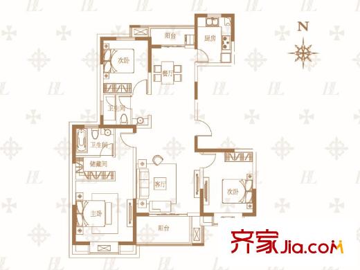 綠地泊林公館一期高層標(biāo)準(zhǔn)層C戶型 3室2廳2衛(wèi)1廚
