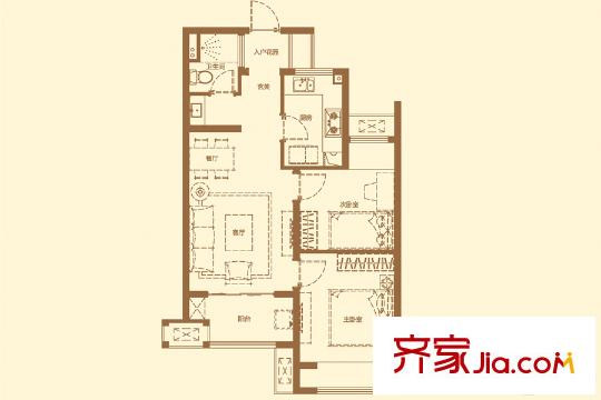 萬科橙郡標(biāo)準(zhǔn)層中間戶A戶型 2室2廳1衛(wèi)1廚