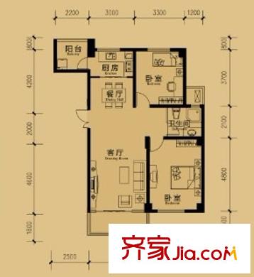 北京壹號(hào)公館戶型圖A1戶型 2室2廳1衛(wèi)1廚