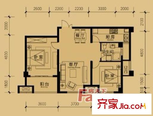 北京壹號(hào)公館戶型圖A3戶型 2室2廳1衛(wèi)1廚
