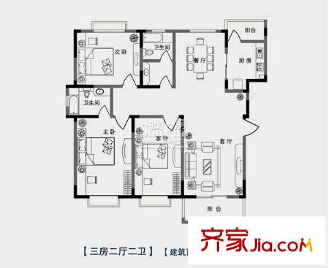 海港新城戶型圖A戶型 3室2廳2衛(wèi)1廚