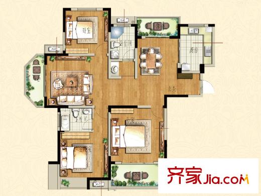 江景國際戶型圖一期6#中間戶A1戶型 3室2廳2衛(wèi)1廚