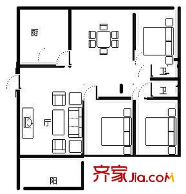 建行宿舍戶型圖（3室2廳1廚1衛(wèi)）