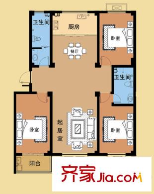 海盛花苑戶型圖二期F戶型標準層戶型圖 3室2廳2衛(wèi)1廚