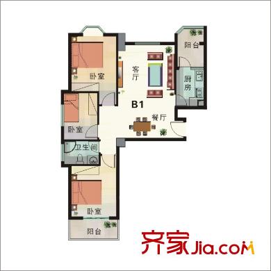 格林學(xué)府戶型圖一期高層B1戶型圖 3室1廳1衛(wèi)1廚