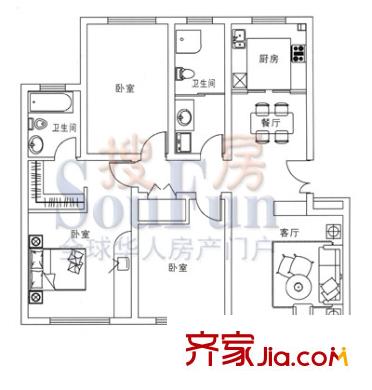 領(lǐng)世新城戶(hù)型圖戶(hù)型圖 3室2廳2衛(wèi)1廚