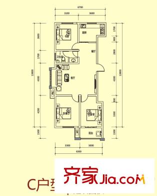 冠華園戶型圖C戶型標(biāo)準(zhǔn)層戶型圖 3室2廳1衛(wèi)1廚