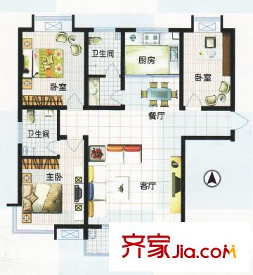 江南怡景戶型圖一期3號(hào)樓C戶型 3室2廳2衛(wèi)1廚
