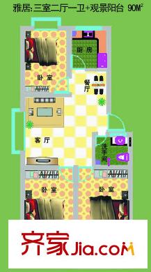普蘭銀河花園戶型圖9號(hào)樓標(biāo)準(zhǔn)層雅居戶型 3室2廳1衛(wèi)1廚