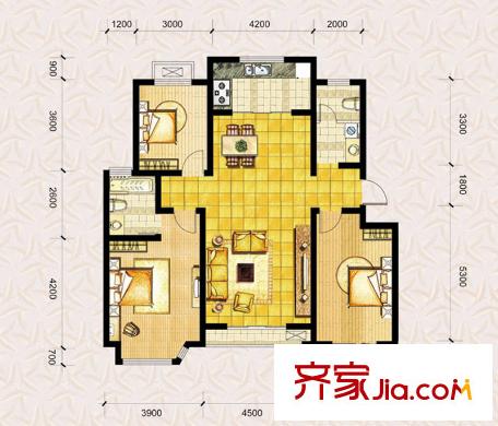 弘潤(rùn)達(dá)美水岸一期e1戶(hù)型 3室2廳2衛(wèi)