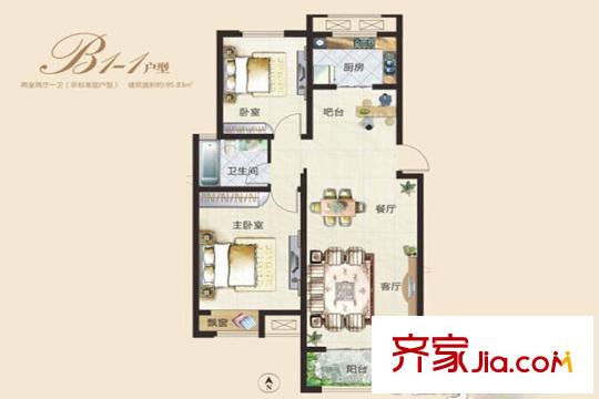 正弘瀾庭敘一期B1-1戶型 2室2廳1衛(wèi)1廚