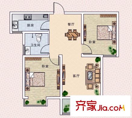 正商明鉆戶型圖二期18#、19#樓E戶型 2室2廳1衛(wèi)