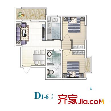 正商幸福港灣戶型圖三期D1-6戶型 2室2廳1衛(wèi)1廚