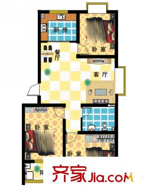 清河灣戶型圖5、20號(hào)樓標(biāo)準(zhǔn)層戶型 3室2廳1衛(wèi)1廚