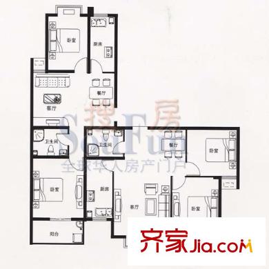和豐城市花園戶型圖一期高層住宅標(biāo)準(zhǔn)層戶型圖 4室2廳1衛(wèi)1廚