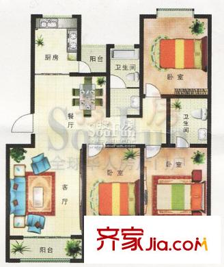 四方家和花園戶型圖1#E戶型 3室2廳2衛(wèi)1廚