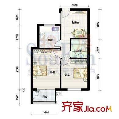 城市之星戶型圖小高層H戶型 2室1廳1衛(wèi)1廚