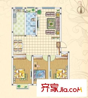 明德花園戶(hù)型圖戶(hù)型E 3室2廳1衛(wèi)1廚