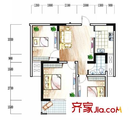 大成優(yōu)盤(pán)戶(hù)型圖2號(hào)樓戶(hù)型2 3室1廳1衛(wèi)1廚