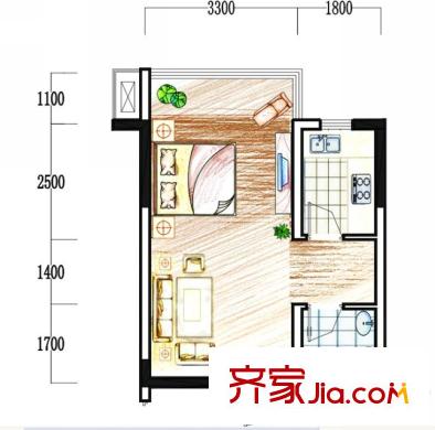 大成優(yōu)盤(pán)戶型圖1號(hào)樓戶型2 1室1廳1衛(wèi)1廚