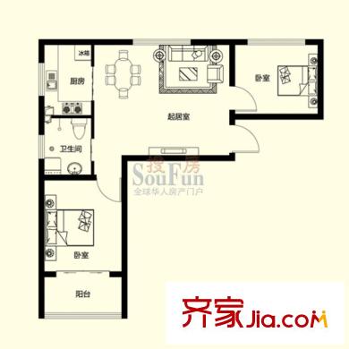 壹里香溪戶型圖F戶型 2室2廳1衛(wèi)1廚