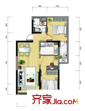 陽光100鳳凰社城市公館2c戶型 3室2廳1衛(wèi)1廚