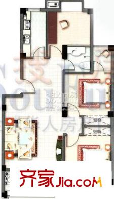 鳶都新城戶型圖F戶型 3室2廳1衛(wèi)1廚