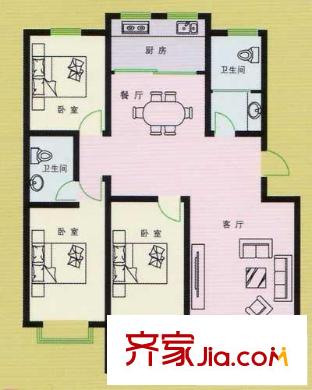 恒信沁園春戶型圖戶型B 3室2廳1衛(wèi)1廚