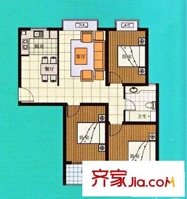 花樣年華戶型圖高層C 3室2廳1衛(wèi)1廚