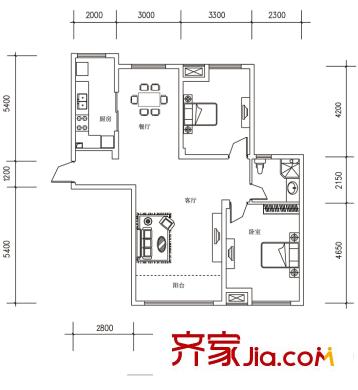 翰林新城戶型圖10號(hào)樓C戶型 2室2廳1衛(wèi)1廚