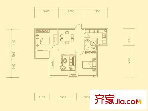 翰林新城戶型圖8號(hào)樓標(biāo)準(zhǔn)層B戶型 2室2廳1衛(wèi)1廚