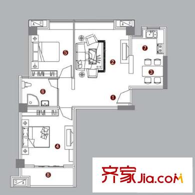 德潤玫瑰園戶型圖三期B1戶型 2室2廳1衛(wèi)1廚