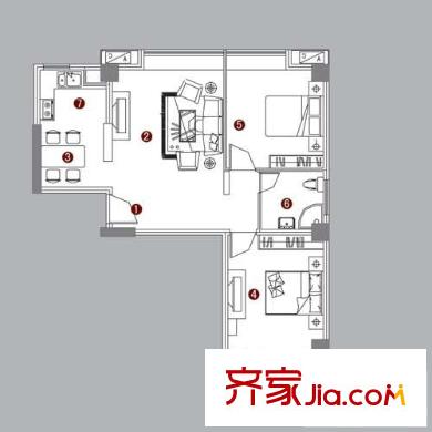 德潤玫瑰園戶型圖三期C2戶型 2室2廳1衛(wèi)1廚