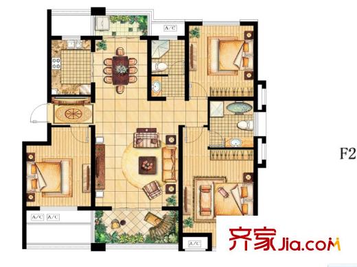 陽光水世界五期B組團公寓F2戶型 三室兩廳兩衛(wèi)一廚 3室2廳2衛(wèi)1廚