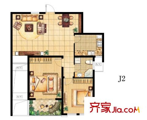 陽光水世界五期B組團公寓J2戶型  兩室兩廳一衛(wèi)一廚 2室2廳1衛(wèi)1廚