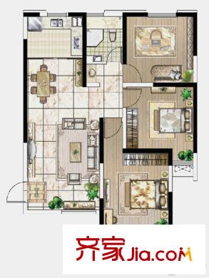 大德玲瓏灣2期蕭林新天地二期7#樓B2戶型 3室2廳1衛(wèi)1廚