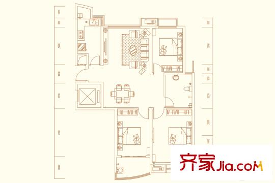 德潤玫瑰熙園3號樓C2戶型 3室2廳1衛(wèi)1廚