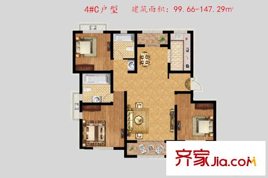 美國小鎮(zhèn)電梯多層4#C戶型 3室2廳2衛(wèi)1廚
