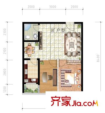 可林奇財(cái)富創(chuàng)意大廈住宅H戶型 2室2廳1衛(wèi)1廚