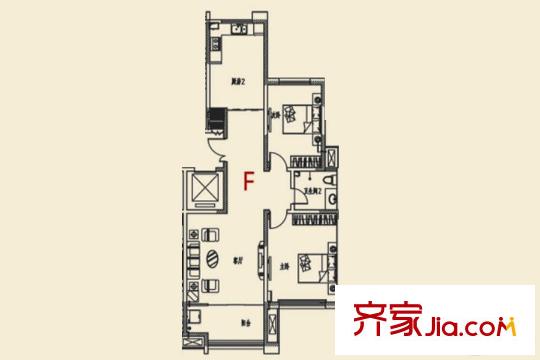 金宸公館6/10號(hào)樓F戶(hù)型 3室1廳1衛(wèi)1廚