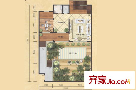 天潤淺水灣36號樓別墅地上一層戶型圖 2廳1廚